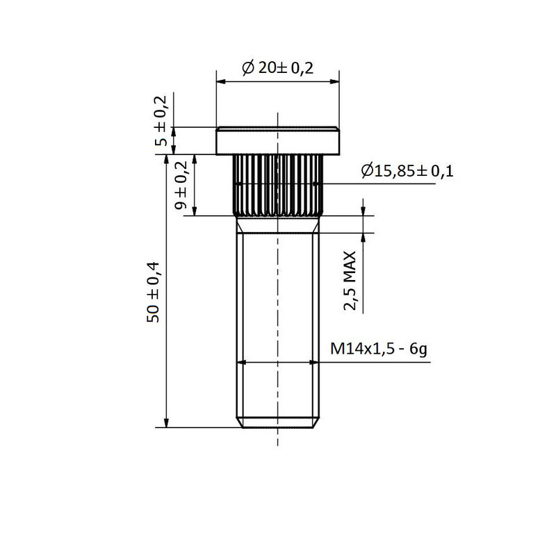 Goujon de Roue M14x1.5 - Cannelures 15.85 mm (Court, 50 mm)